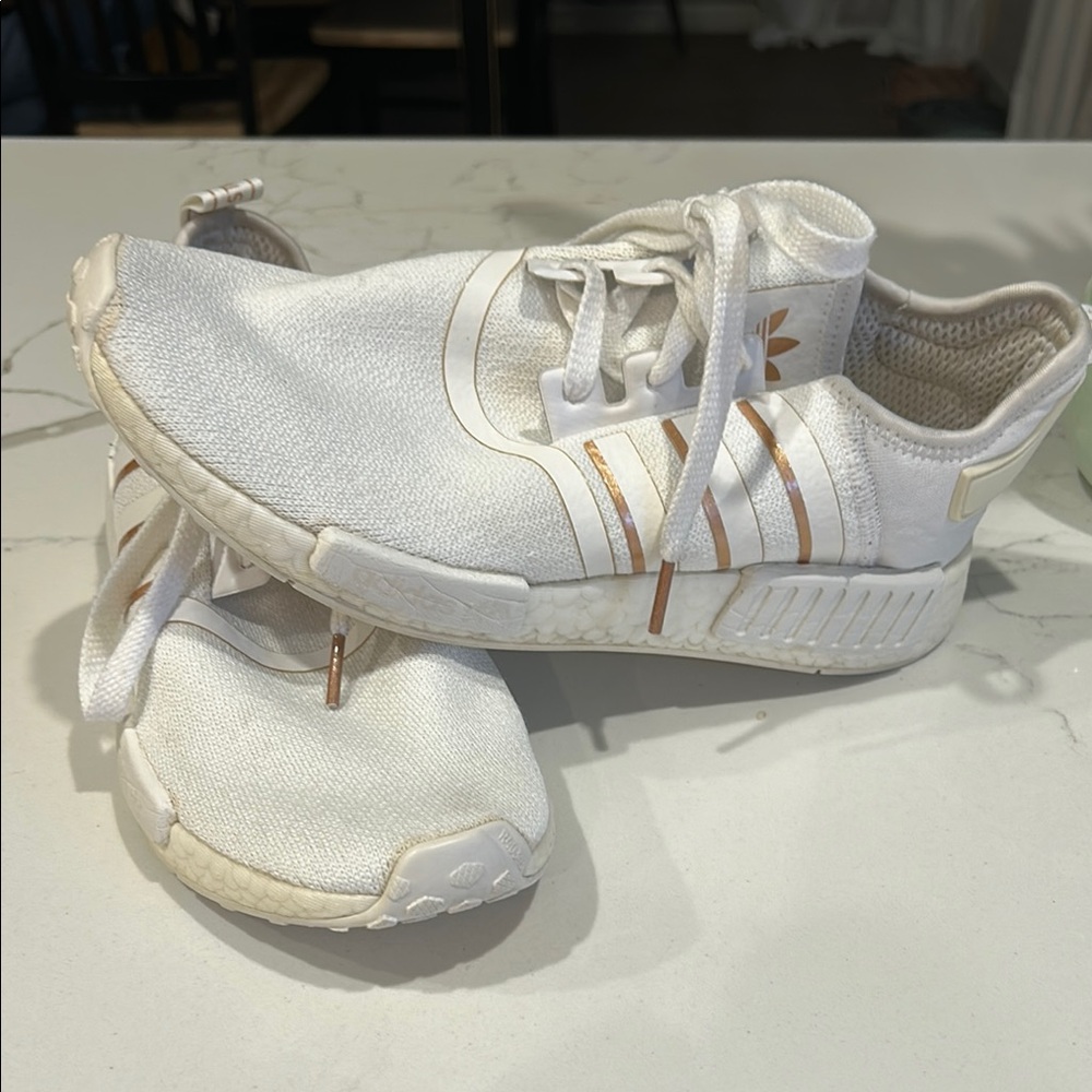 Adidas White Sneakers with Gold Accents
